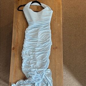 Baby Boo Demi Maxi Dress - Light Blue Ruched Halter Evening Dress - Medium